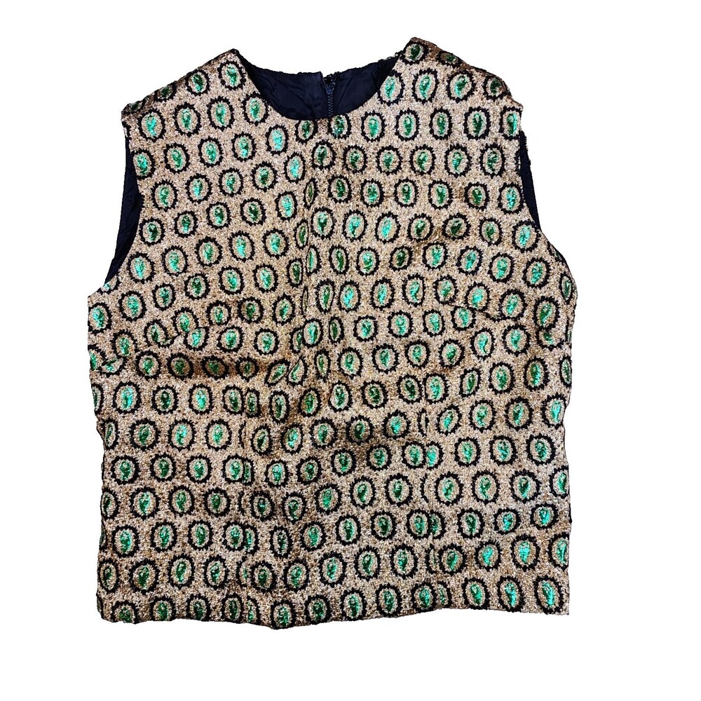 Vintage Nelly de Grab Gold Green Black Metallic Sleeveless Vest Top Blouse Sz 10